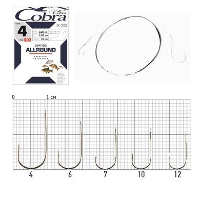 Крючки с поводком Cobra Кобра ALLROUND 70cm, 0,12mm, разм.12, 10 шт в упаковке.